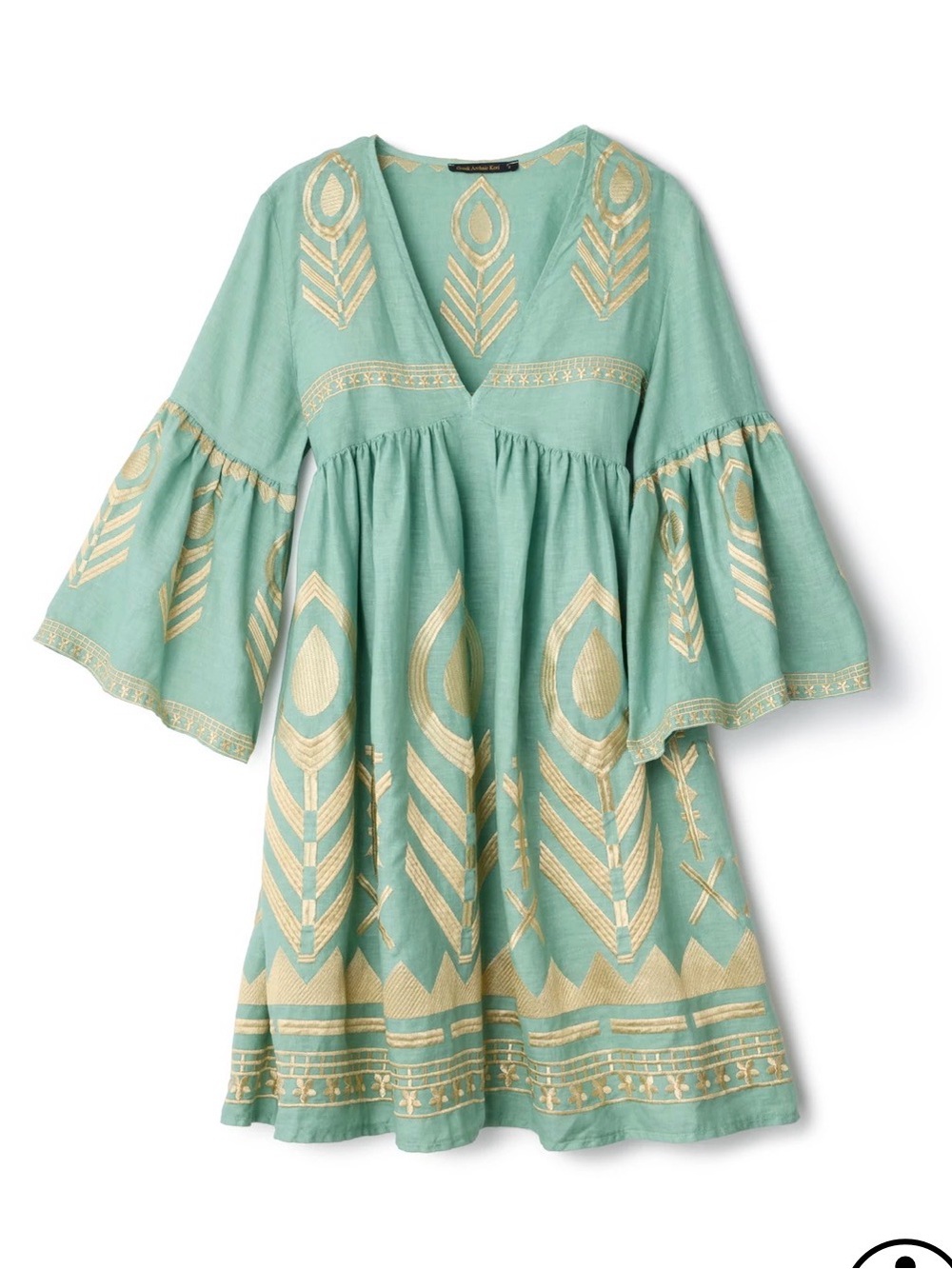 Greek Archaic Kori Light Teal Embroidered Midi Dress with Gold Motif